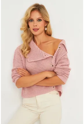 Kadın Pembe Geniş Yakalı Triko Hırka MİW4571