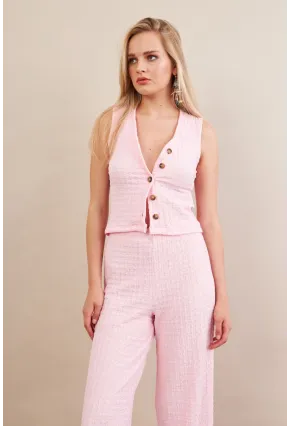 Kadın Pembe Gofre Yelek Pantalon Takım FLU330
