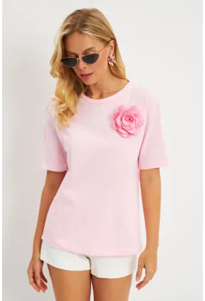 Kadın Pembe Gül Aksesuarlı T-Shirt SF12721