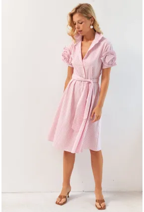 Kadın Pembe Gül Detaylı Midi Gömlek Elbise SF12812