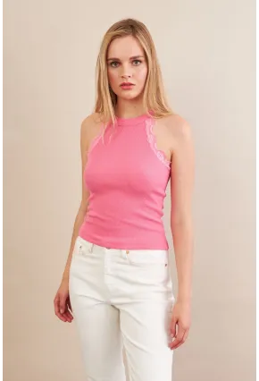 Kadın Pembe Halter Yaka Dantelli Bluz MK04