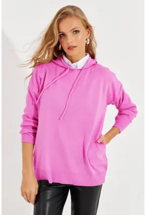 Kadın Pembe Kapüşonlu Cepli Triko Kazak YZ520