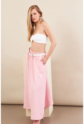 Kadın Pembe Keten Cepli Midi Etek RSP4440