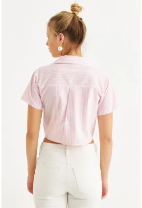 Kadın Pembe Kurdele Detaylı Crop Gömlek MPC302