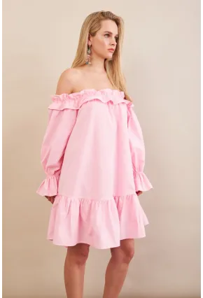 Kadın Pembe Madonna Yaka Midi Elbise PSG1012