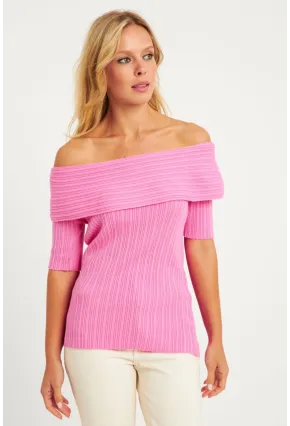 Kadın Pembe Madonna Yaka Triko Bluz KZ538