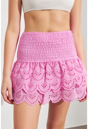 Kadın Pembe Nakışlı Mini Etek ZH111