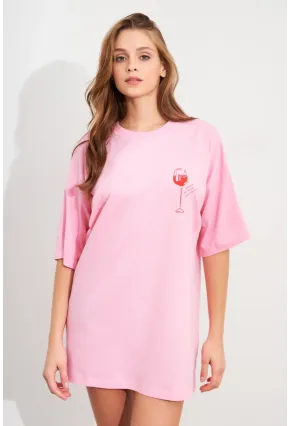 Kadın Pembe Oversize Pijama T-Shirt TPG14