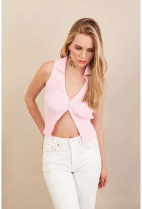 Kadın Pembe Polo Yaka Yumoş Yelek ZH050