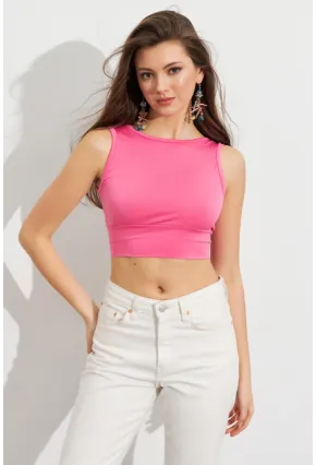 Kadın Pembe Sırt Bağlamalı Crop Bluz EY2733