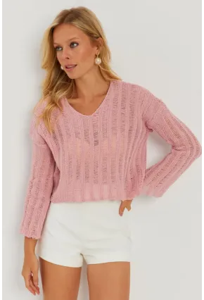 Kadın Pembe V Yaka Ajurlu Triko Bluz YV233