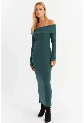 Kadın Petrol Madonna Yaka Kaşkorse Maxi Elbise HOL1