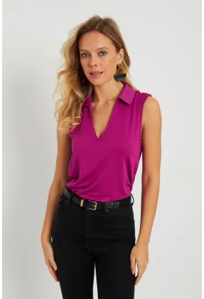 Kadın Polo Yaka Bluz Fuşya AYD276