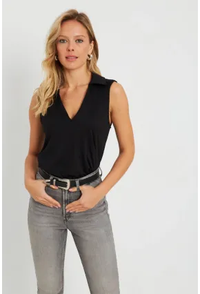 Kadın Polo Yaka Bluz Siyah AYD276
