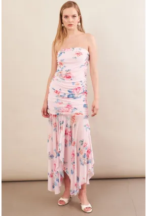 Kadın Pudra Drapeli Straplez Midi Tül Elbise ERL101