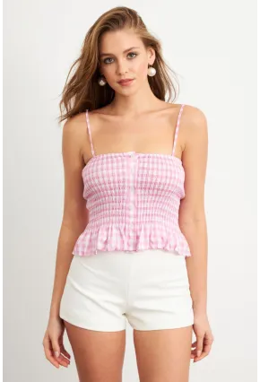 Kadın Pudra Ekose Lastikli Crop Bluz MTK13397