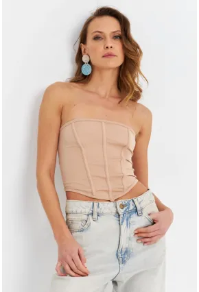 Kadın Pudra Straplez Crop Bluz B6081
