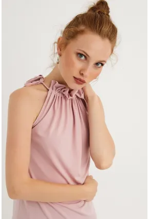 Kadın Pudra Yakası Fırfırlı Kolsuz Bluz BTH01