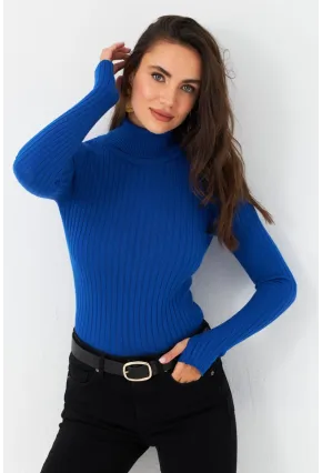 Kadın Saks Balıkçı Yaka Triko Bluz YV102-90