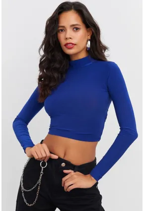 Kadın Saks Beli Açık Crop Bluz GÇ115