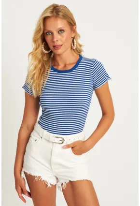 Kadın Saks-Beyaz Çizgili Bluz XL2005