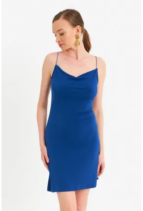 Kadın Saks Degaje Basic Mini Elbise YDF100