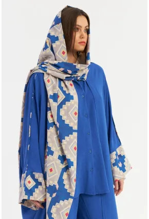 Kadın Saks Desenli Kapüşonlu Kaftan GÇ193