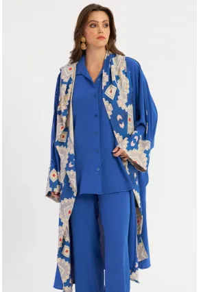 Kadın Saks Desenli Kapüşonlu Kaftan GÇ193