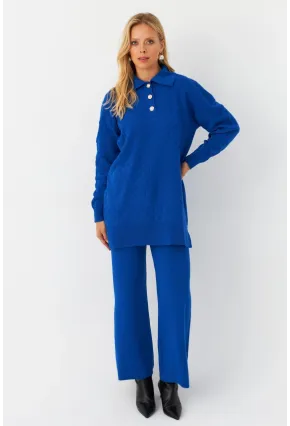 Kadın Saks İnci Düğmeli Triko Alt Üst Takım MNUV33