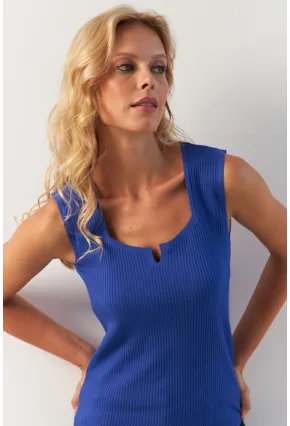 Kadın Saks Kare Yaka Triko Bluz SMT243