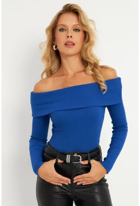 Kadın Saks Madonna Yaka Kaşkorse Bluz XL2210