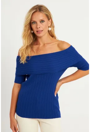 Kadın Saks Madonna Yaka Triko Bluz KZ538