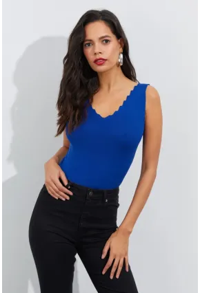 Kadın Saks Merdiven Yaka Triko Bluz YV83