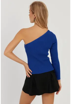 Kadın Saks Tek Omuz Triko Bluz YV204