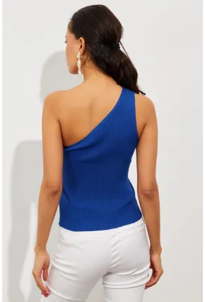 Kadın Saks Tek Omuz Triko Bluz YV90