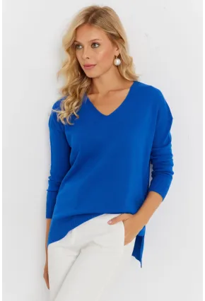 Kadın Saks V Yaka Triko Kazak YİL549