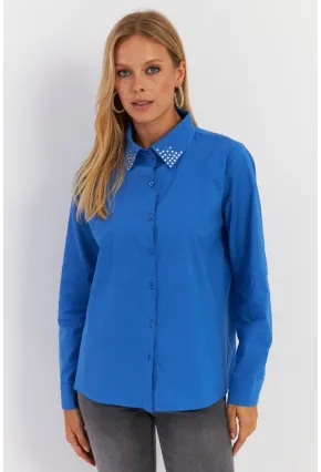 Kadın Saks Yakası Taşlı Gömlek MZER413