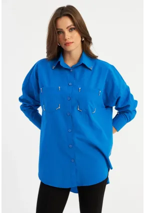 Kadın Saks Zımbalı Gömlek MASF2