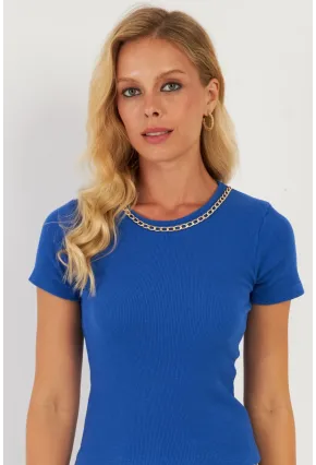 Kadın Saks Zincir Aksesuarlı Bluz XL2020