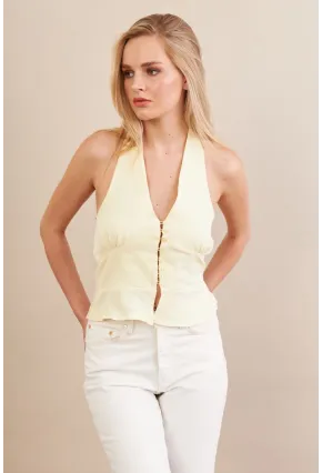 Kadın Sarı Boyun Bağlamalı Keten Yelek FS129