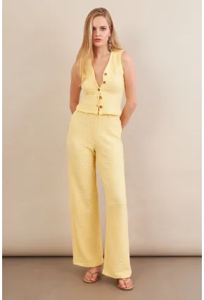 Kadın Sarı Gofre Yelek Pantalon Takım FLU330