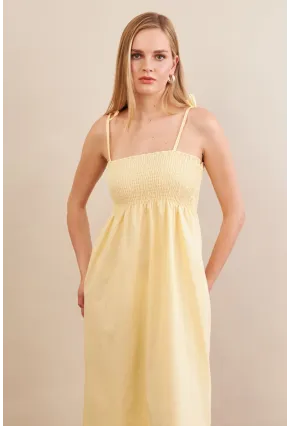 Kadın Sarı Straplez Çizgili Plaj Elbisesi