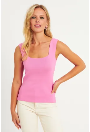 Kadın Şeker Pembe Kare Yaka Triko Bluz YV80