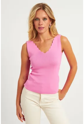 Kadın Şeker Pembe Merdiven Yaka Triko Bluz YV83