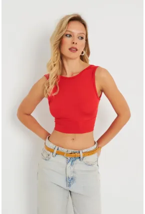 Kadın Sırt Bağlamalı Crop Bluz Kırmızı EY2733