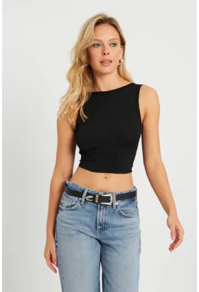 Kadın Sırt Bağlamalı Crop Bluz Siyah EY2733