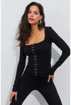 Kadın Siyah Agraflı Kaşkorse Bluz B1908