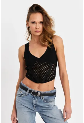 Kadın Siyah Ajurlu Crop Bluz SB030