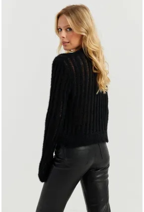 Kadın Siyah Ajurlu Sakallı Triko Bluz KZ532