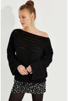 Kadın Siyah Ajurlu Triko Bluz YV213